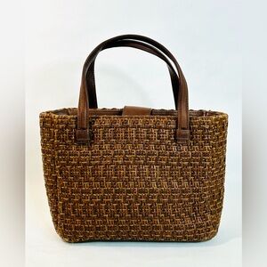 Vintage Fossil Woven Basket-Weave Small Tote, Brown Wicker with Brown Leather